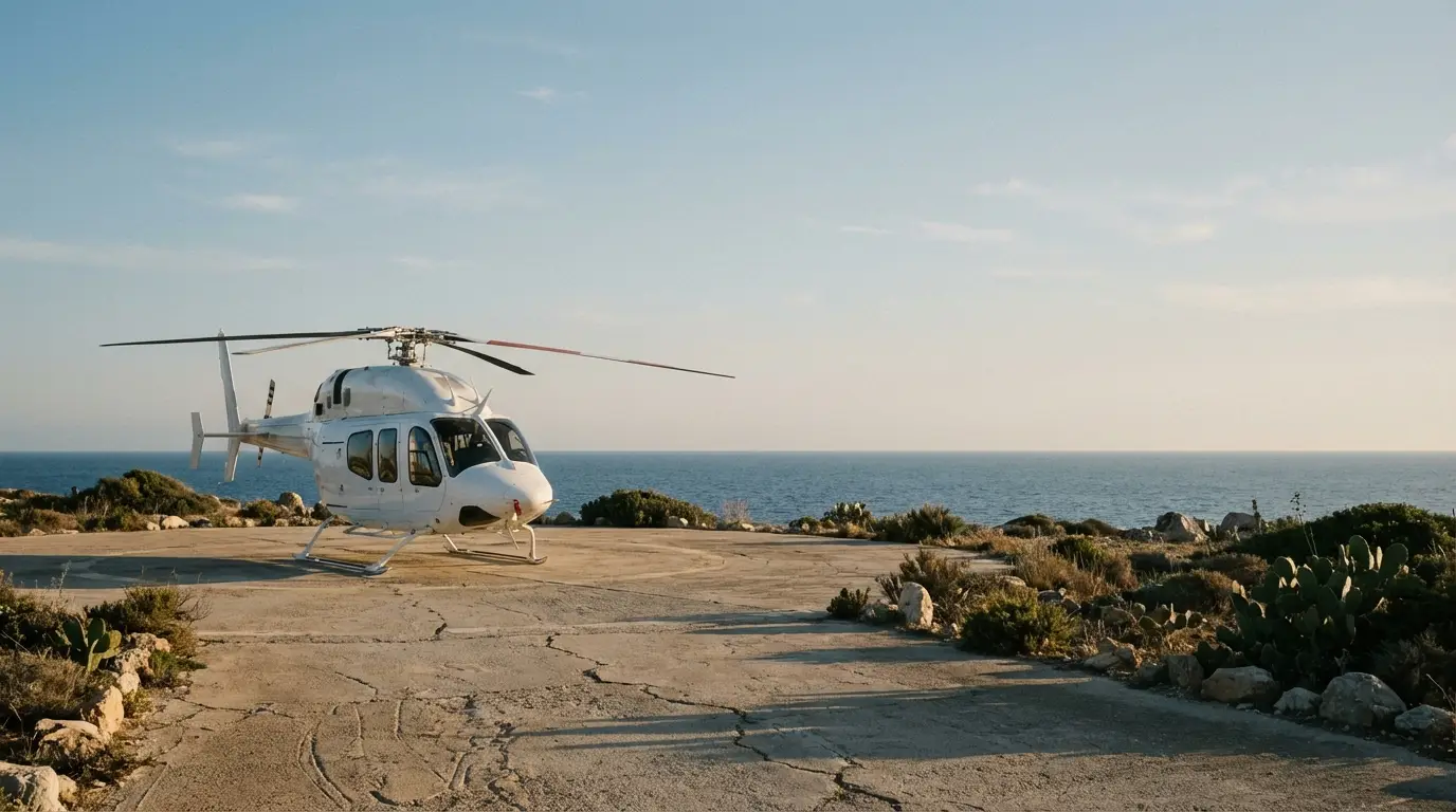 Helicopter parked on concrete helipad near ocean with clear blue sky and coastal vegetation