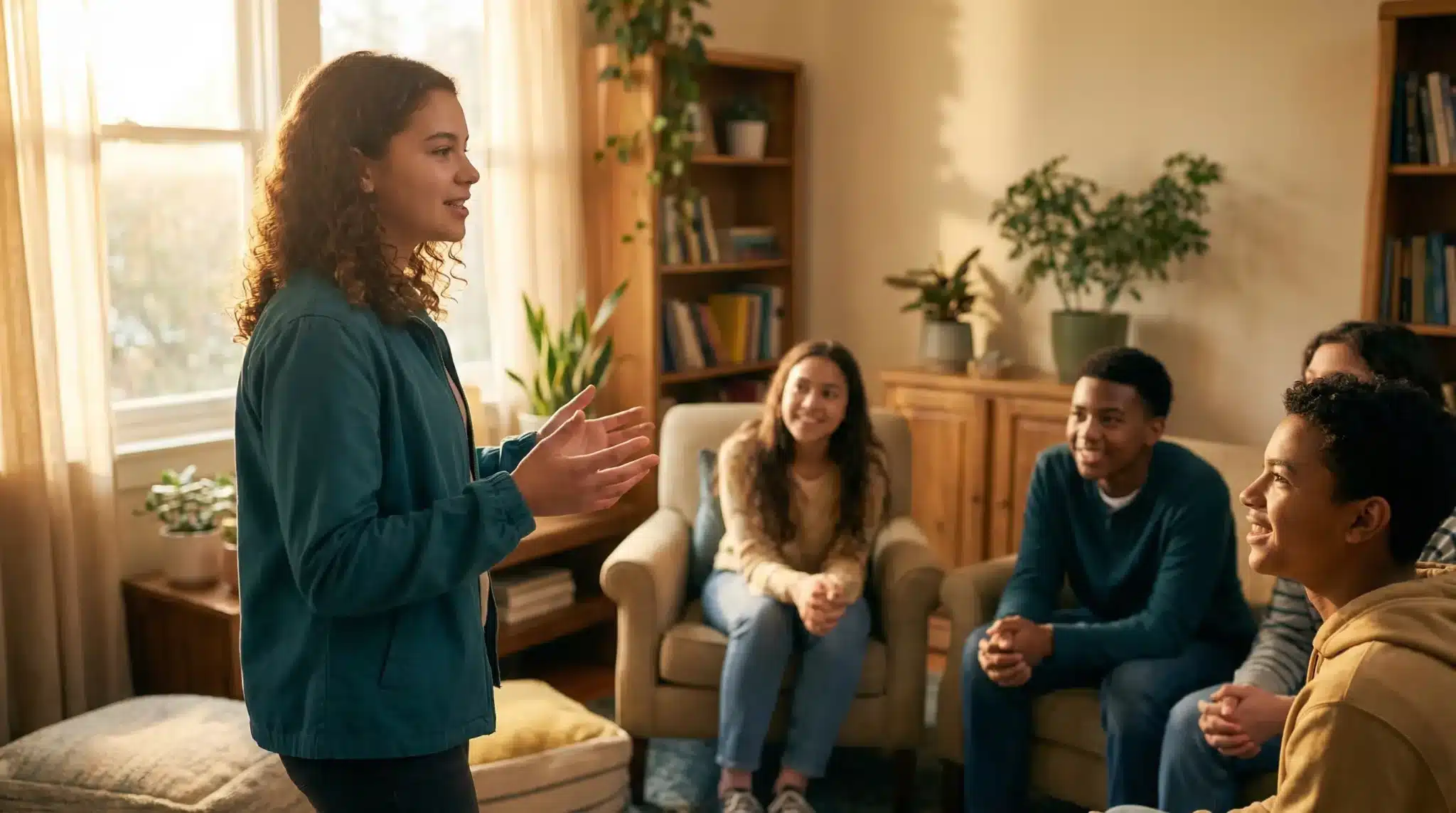 Young woman speaking to a group in cozy living room with plants and bookshelves
