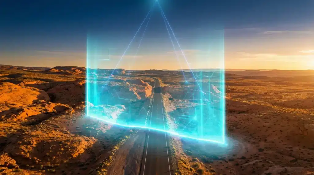 A glowing blue digital triangle over a desert road during sunset