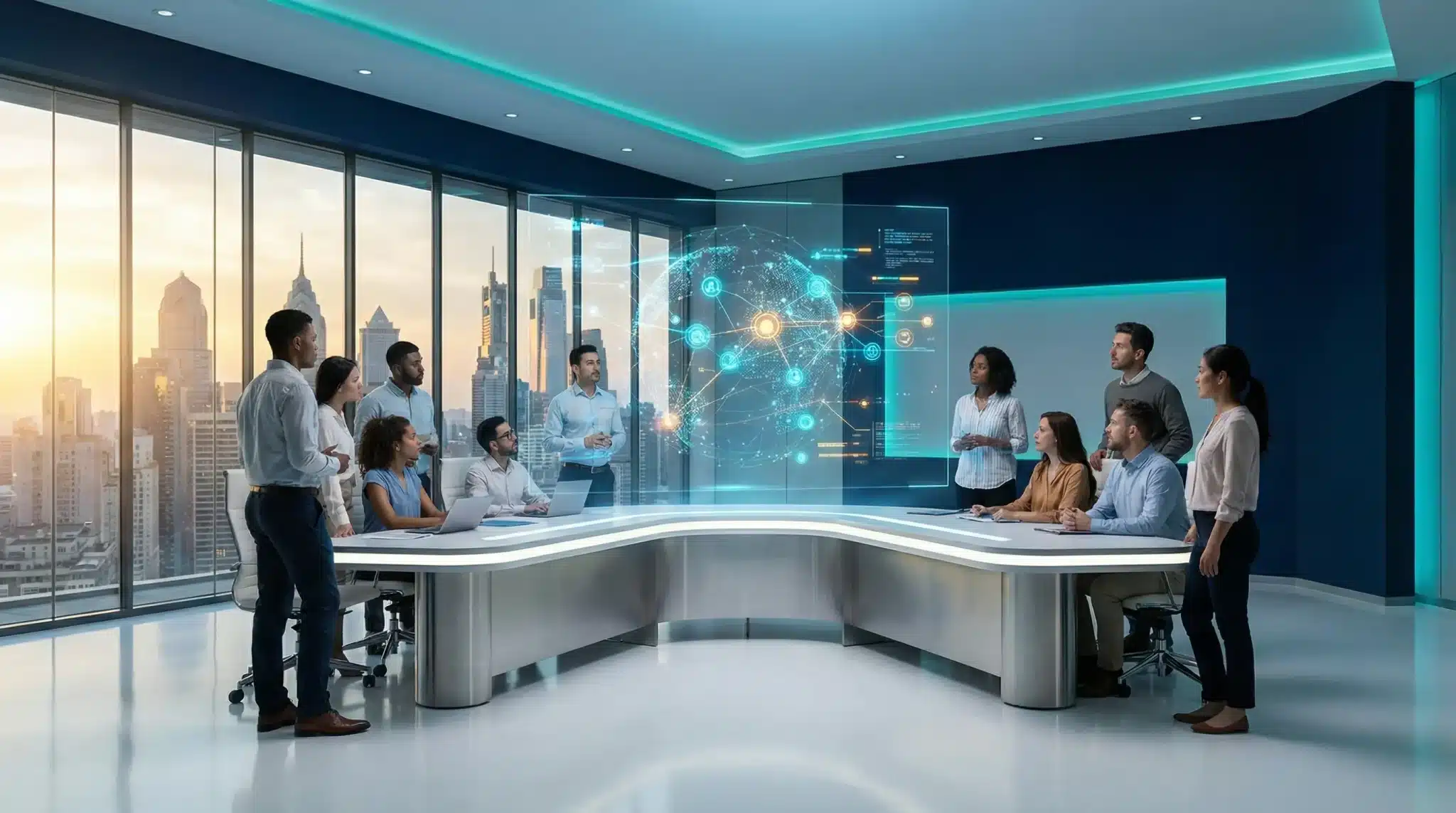 Team meeting in modern office with digital interface projection and city view through large windows