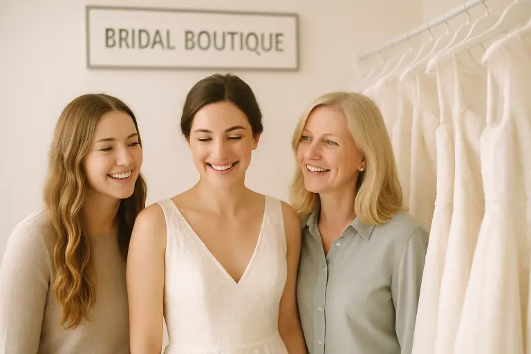 Bride with family in bridal boutique surrounded by white wedding dresses