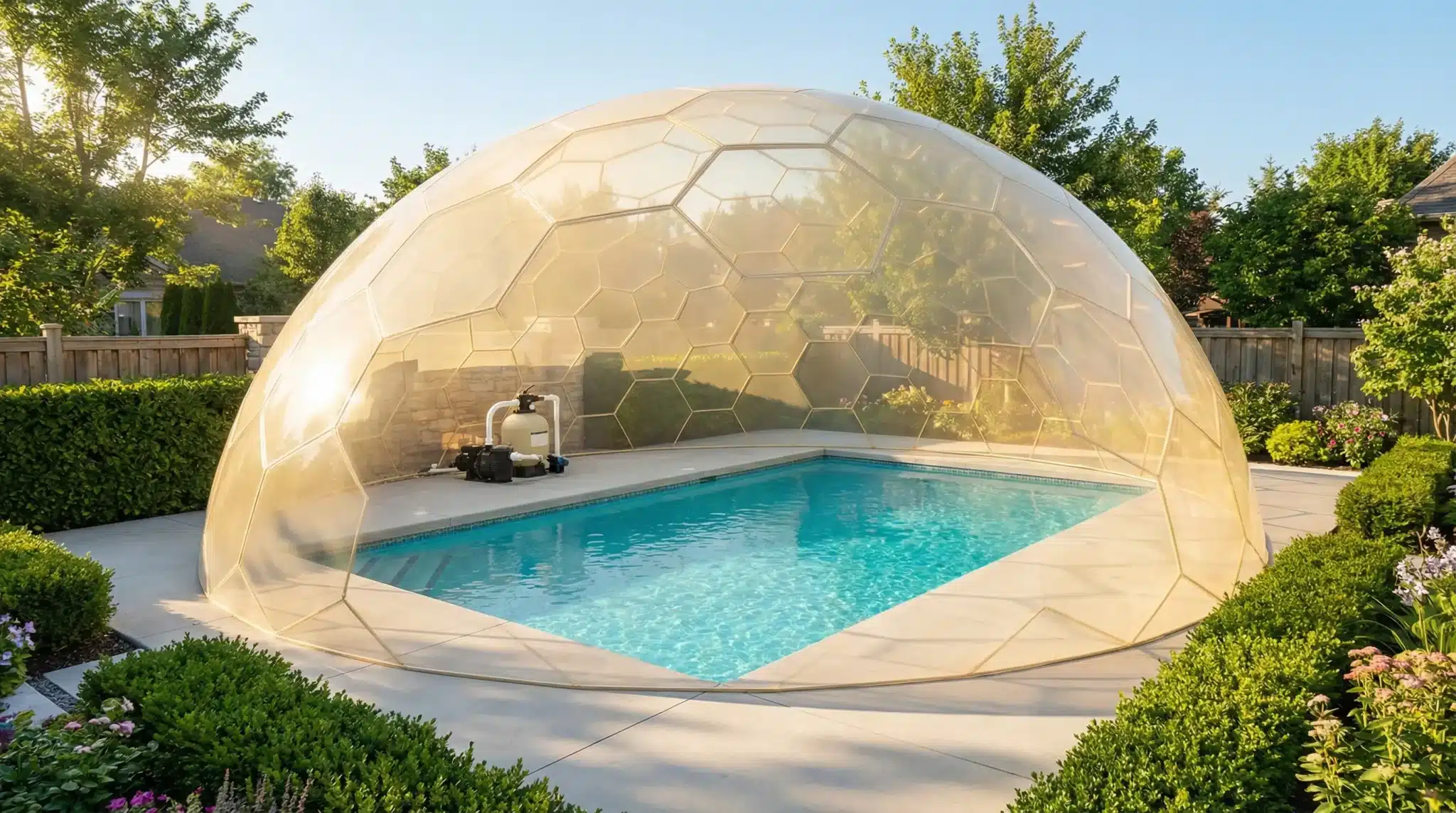 Swimming pool with transparent geodesic dome cover in a landscaped backyard garden