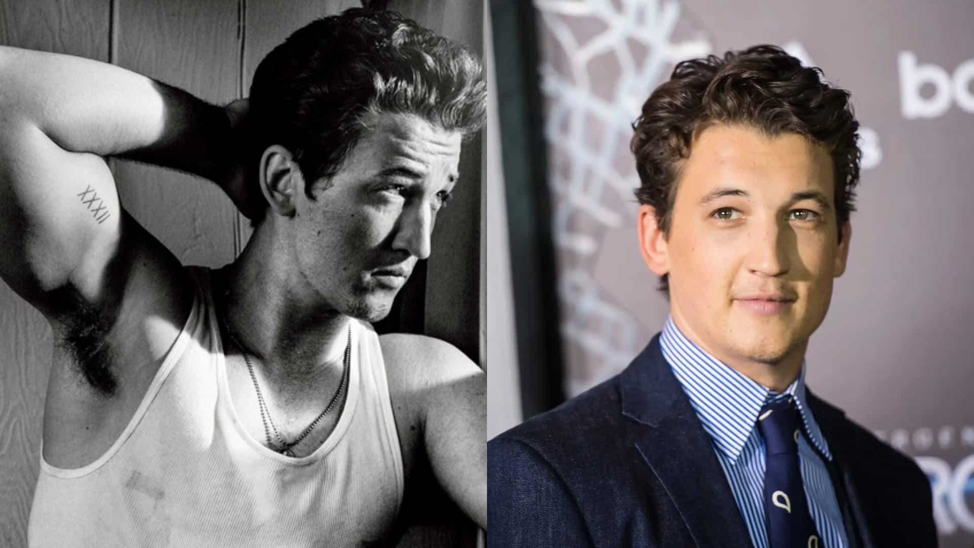 miles teller photo collage featuring a black and white portrait in a casual tank top pose alongside a formal red carpet appearance in a suit and tie.