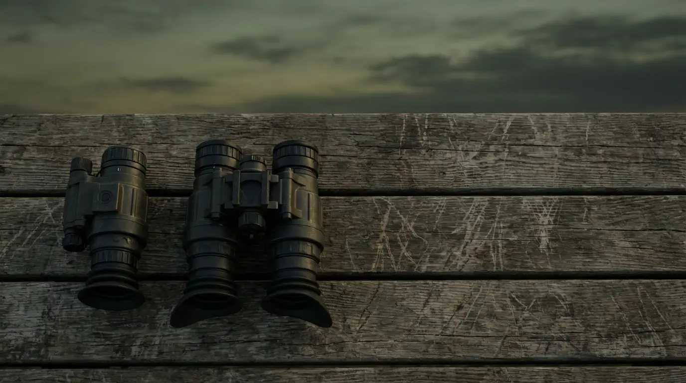 Night vision goggles resting on weathered wooden surface under cloudy sky