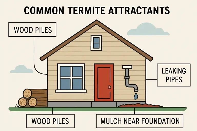 Illustration of a house with wood piles, leaking pipes, and mulch near foundation