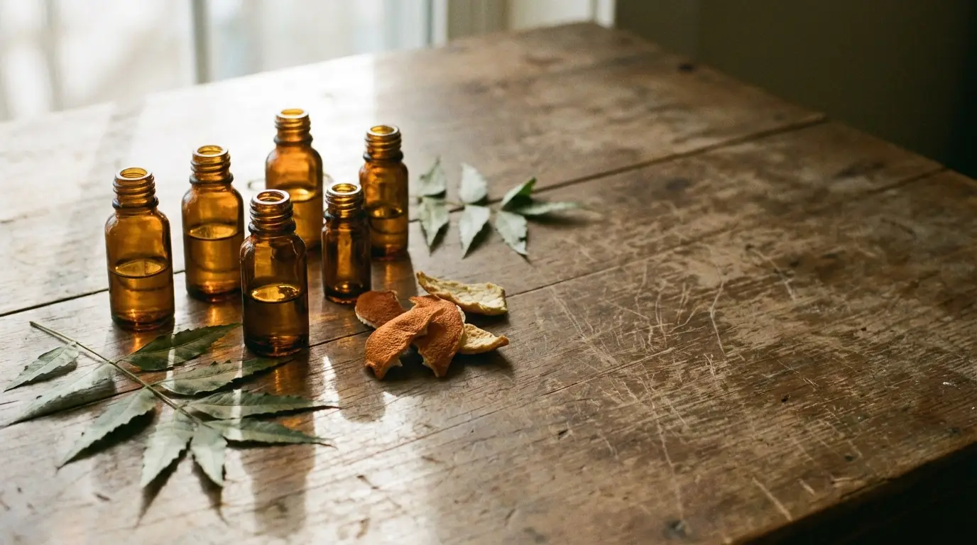 Amber glass bottles and dried citrus peels on rustic wooden table with natural light