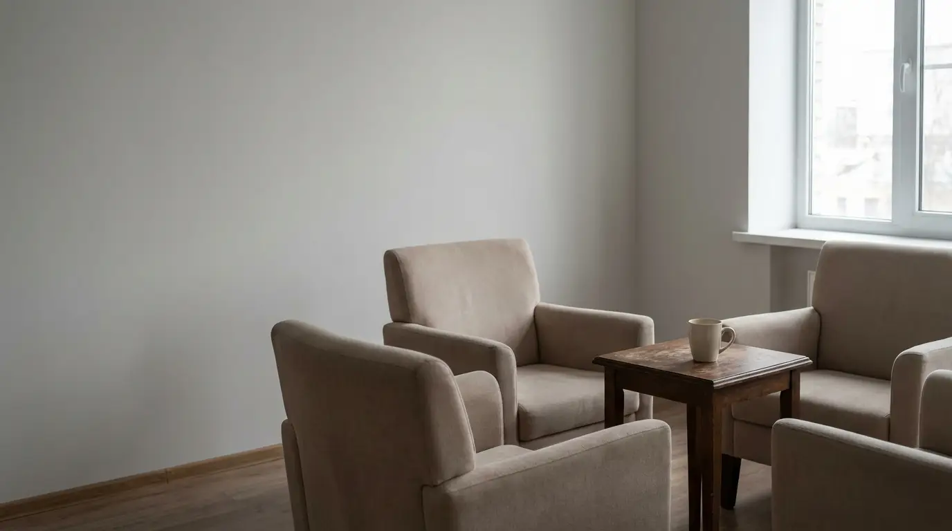 Cozy beige armchairs around a small wooden table in a bright, minimalist room