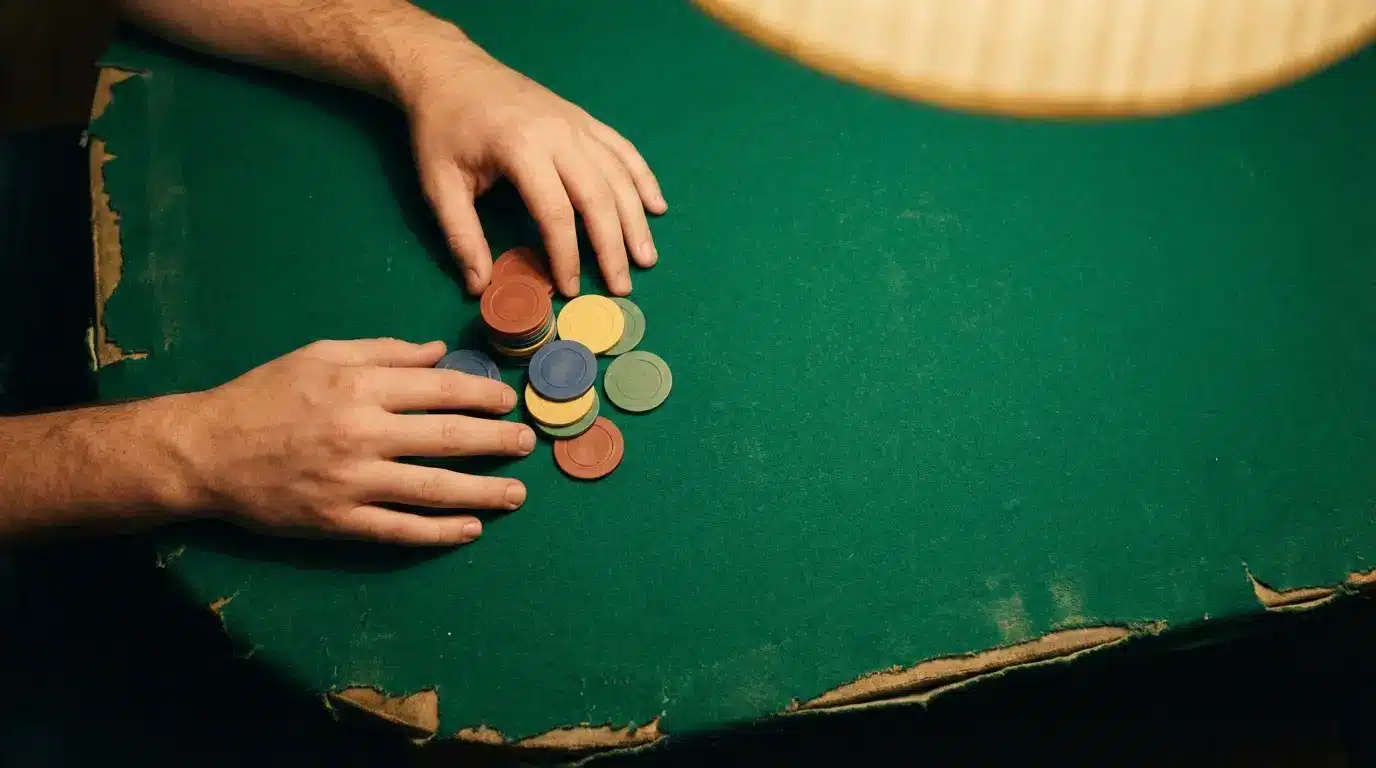 Poker player organizing colorful chips on worn green felt table