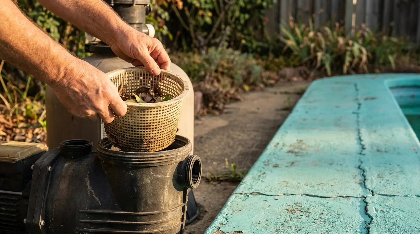 Hands cleaning leaves from pool filter basket near turquoise edge of outdoor pool