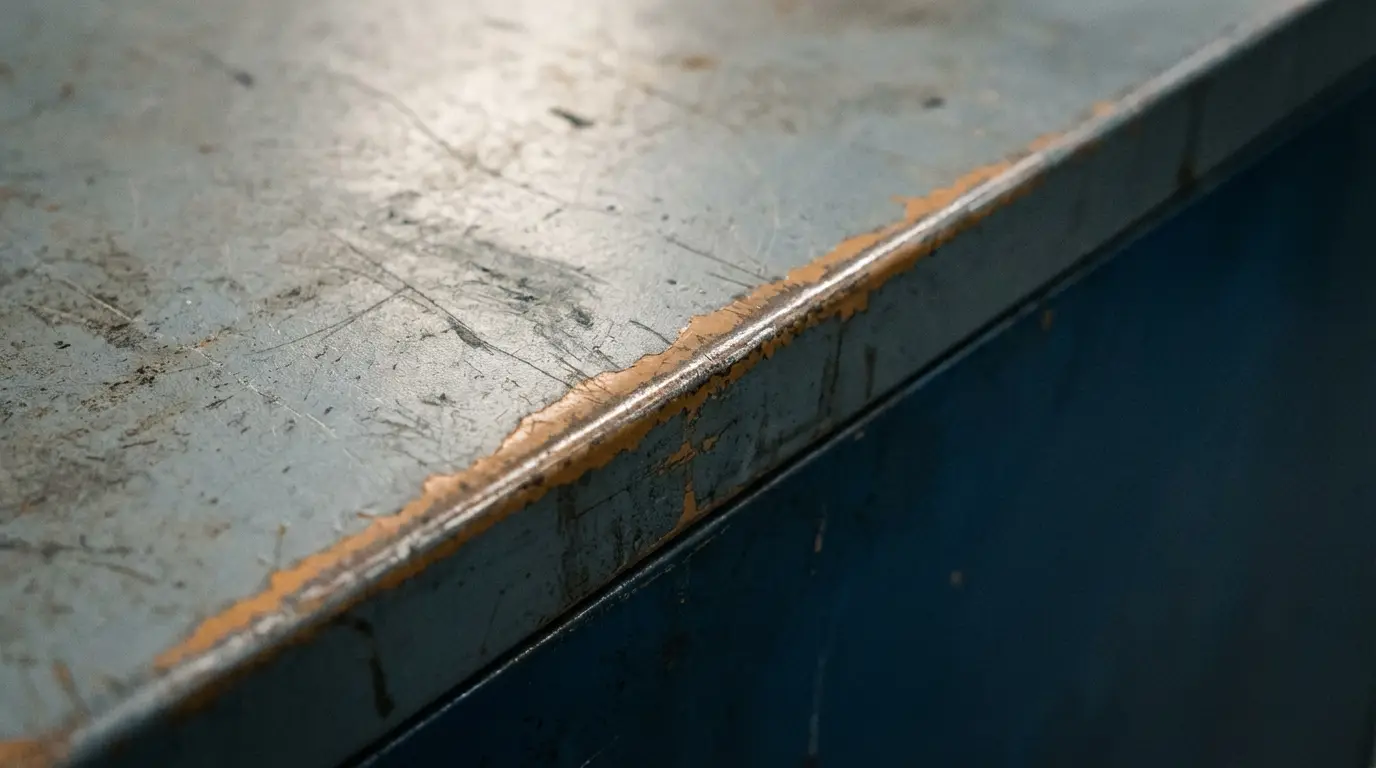 Worn metal countertop with chipped edges and visible scratches in subdued lighting