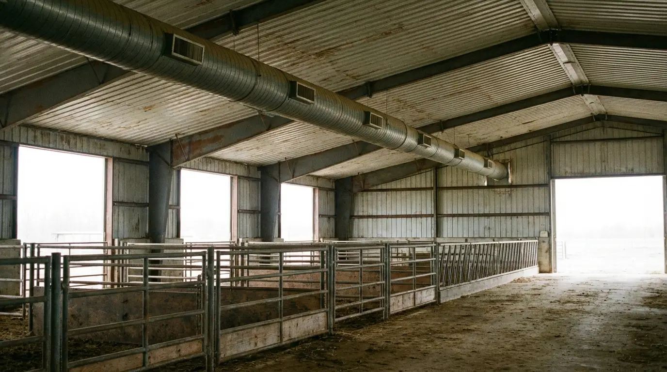 Interior of an empty metal barn with cattle fencing and overhead ventilation ducts
