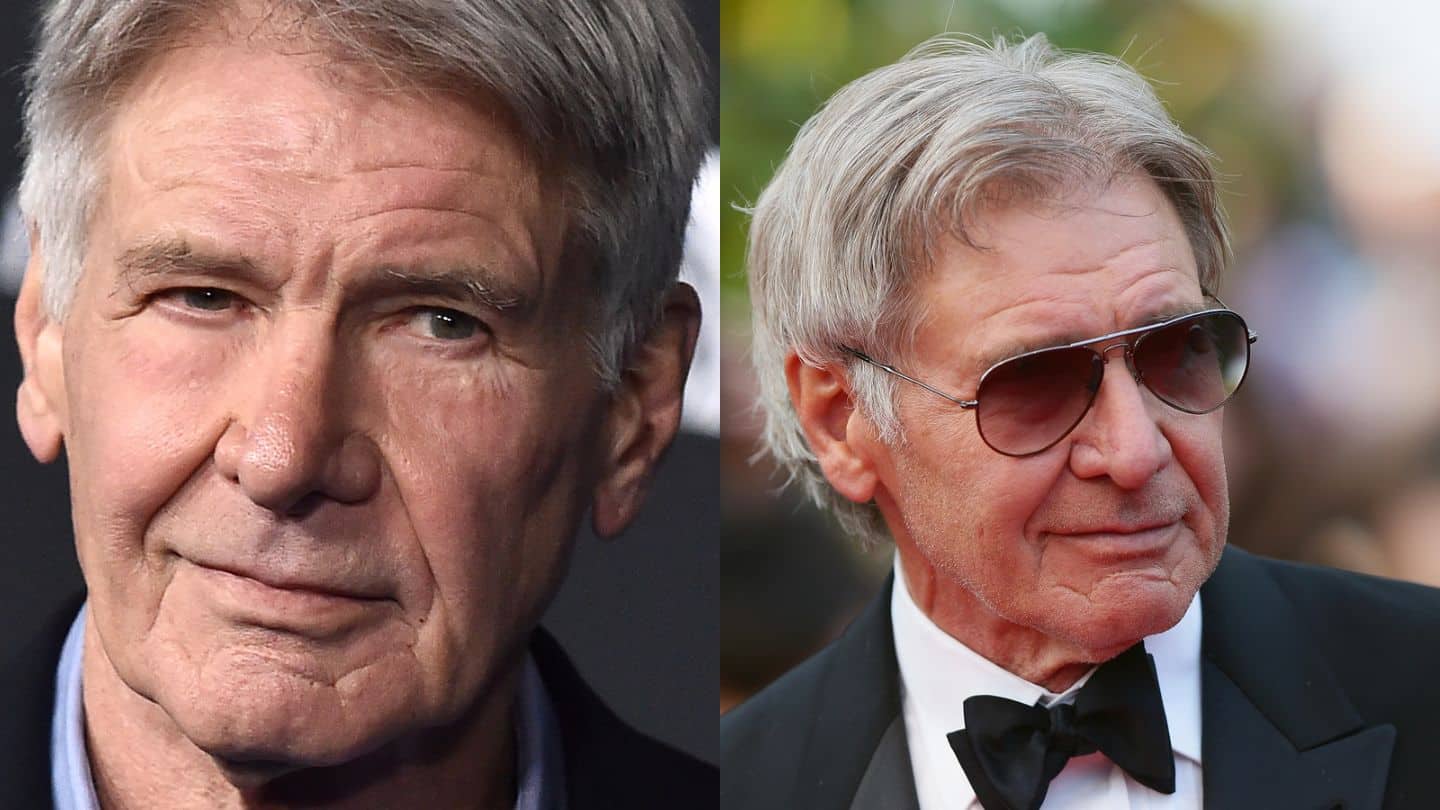 side by side headshots of harrison ford in older gray hair with chin scar,shown in a close up portrait and at a red carpet event wearing a tuxedo and sunglasses.