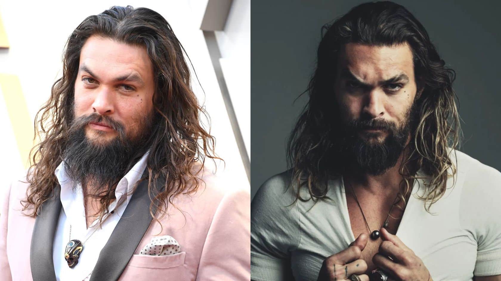 side by side portraits of jacon mamoa with long haired,bearded with a visible facial scar, shown at a red carpet event in a pink suit jacket and in a dramatic studio portrait.