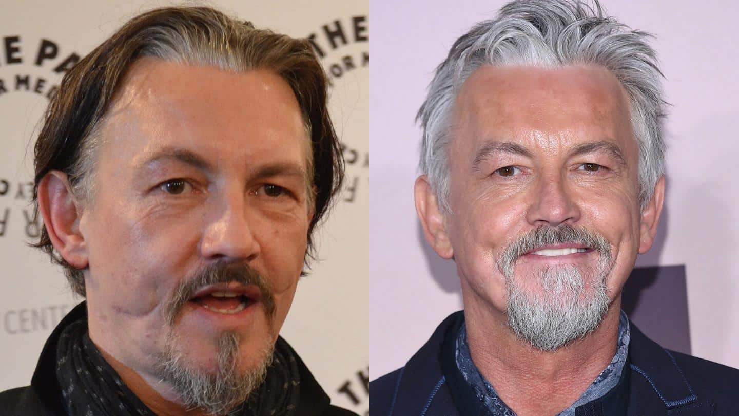 side by side red carpet headshots of tommy flagnan with gray hair, a goatee, and a visible glasgow smile scar.