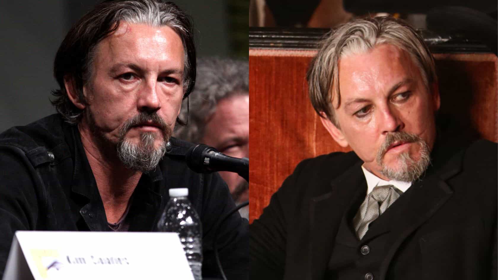 tommy flanagan two image collage showing the actor at a press panel and in a period costume role.