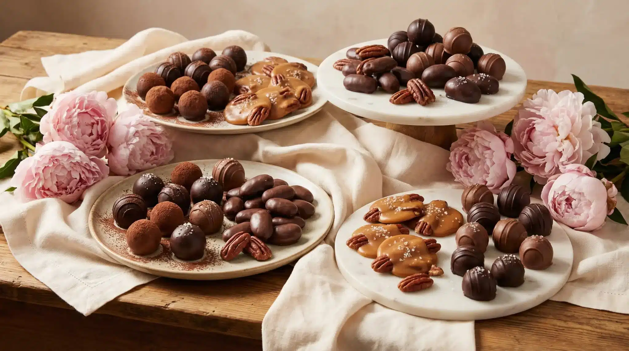 Assorted chocolate truffles and pecan pralines on marble platters with pink peonies and linen cloth
