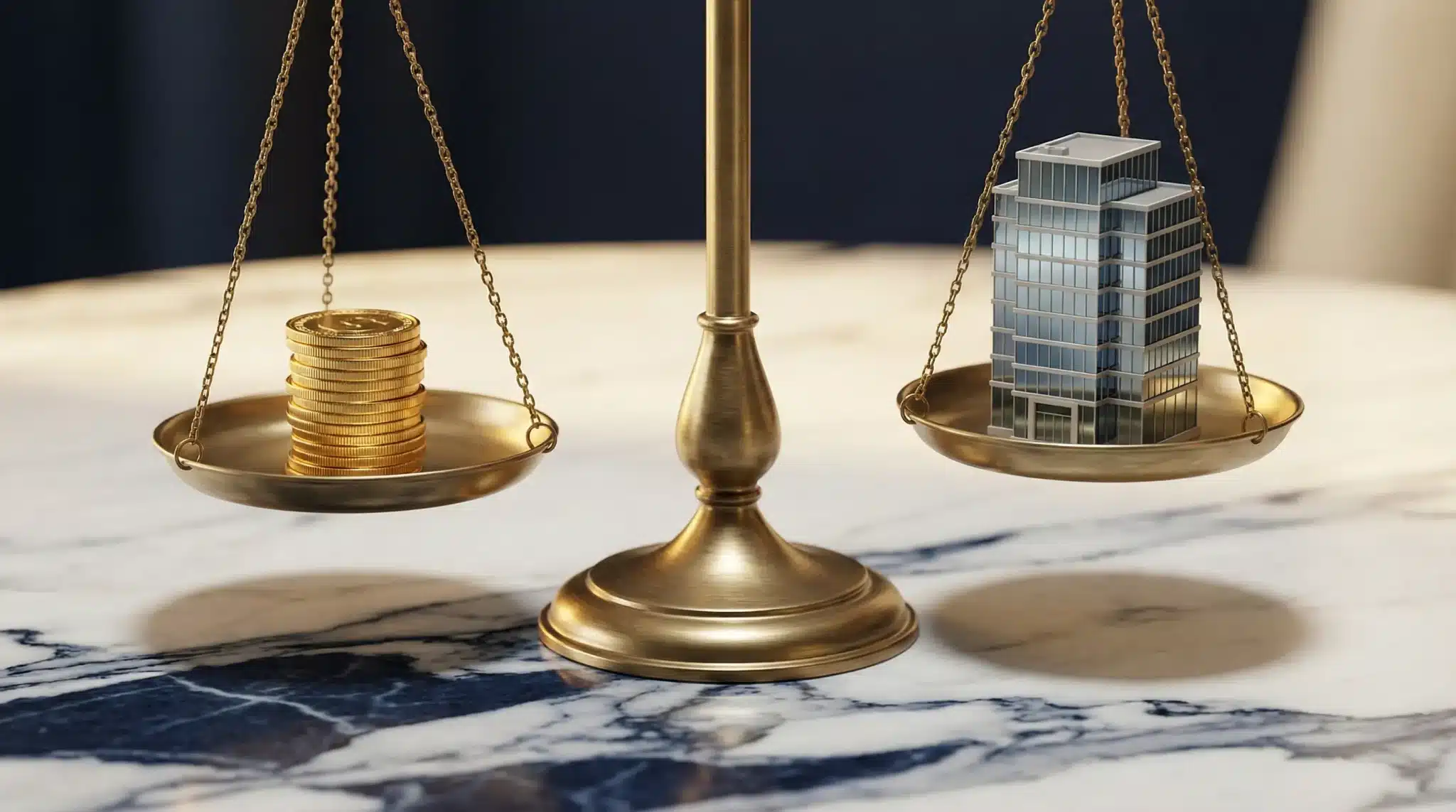 Golden balance scale with stacked coins and a model building on marble surface
