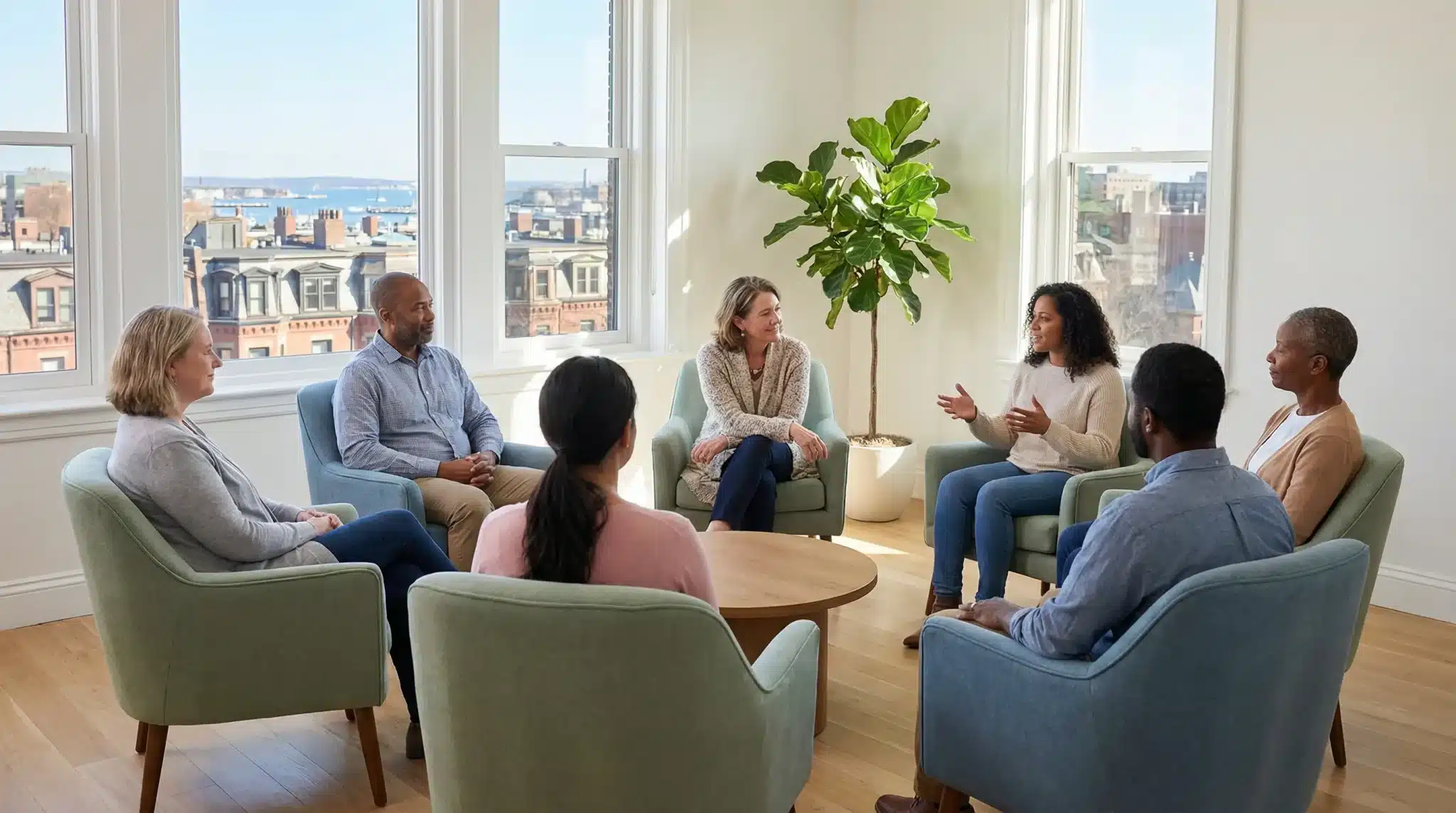 Group of diverse individuals discussing in a bright room with large windows and green plant