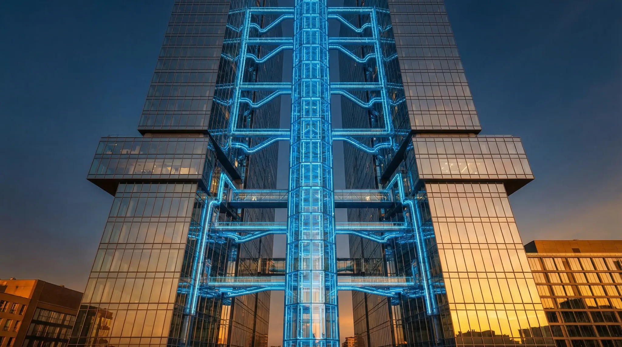 Modern glass building with illuminated blue structural design at sunset reflecting golden light