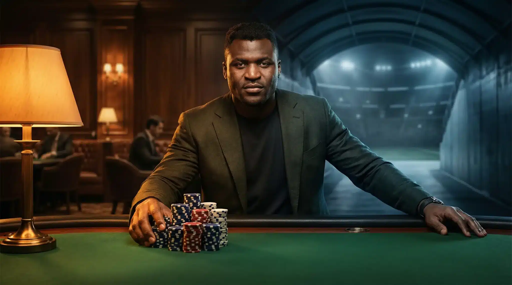 Man in dark blazer playing poker at table in dimly lit room with green felt surface