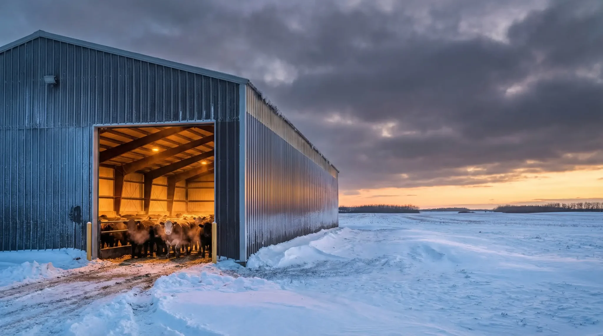 Cattle in illuminated barn facing snowy field under cloudy sunset sky