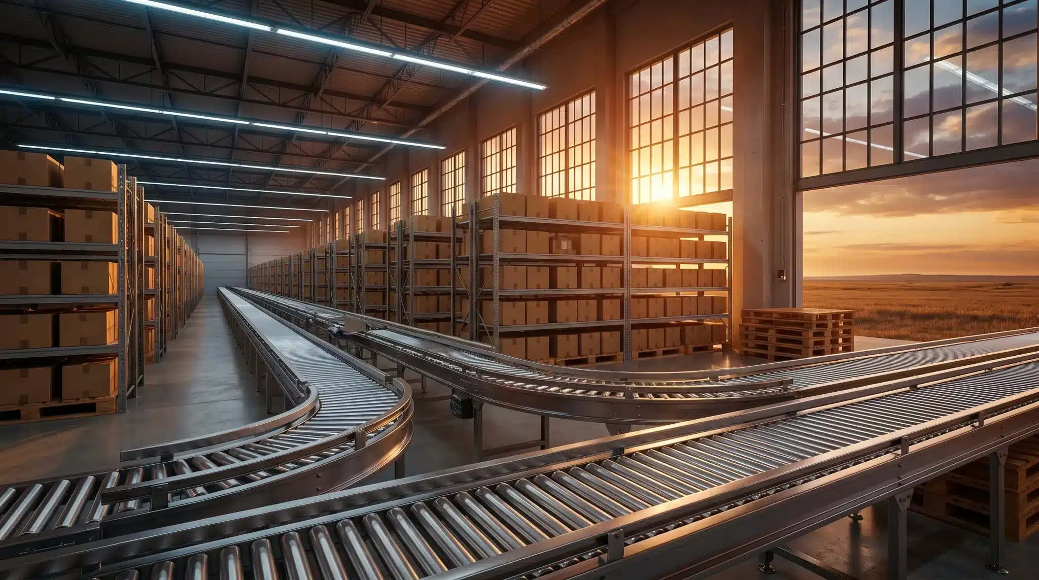 Industrial warehouse interior with conveyor belts and shelves of boxes under sunset lighting