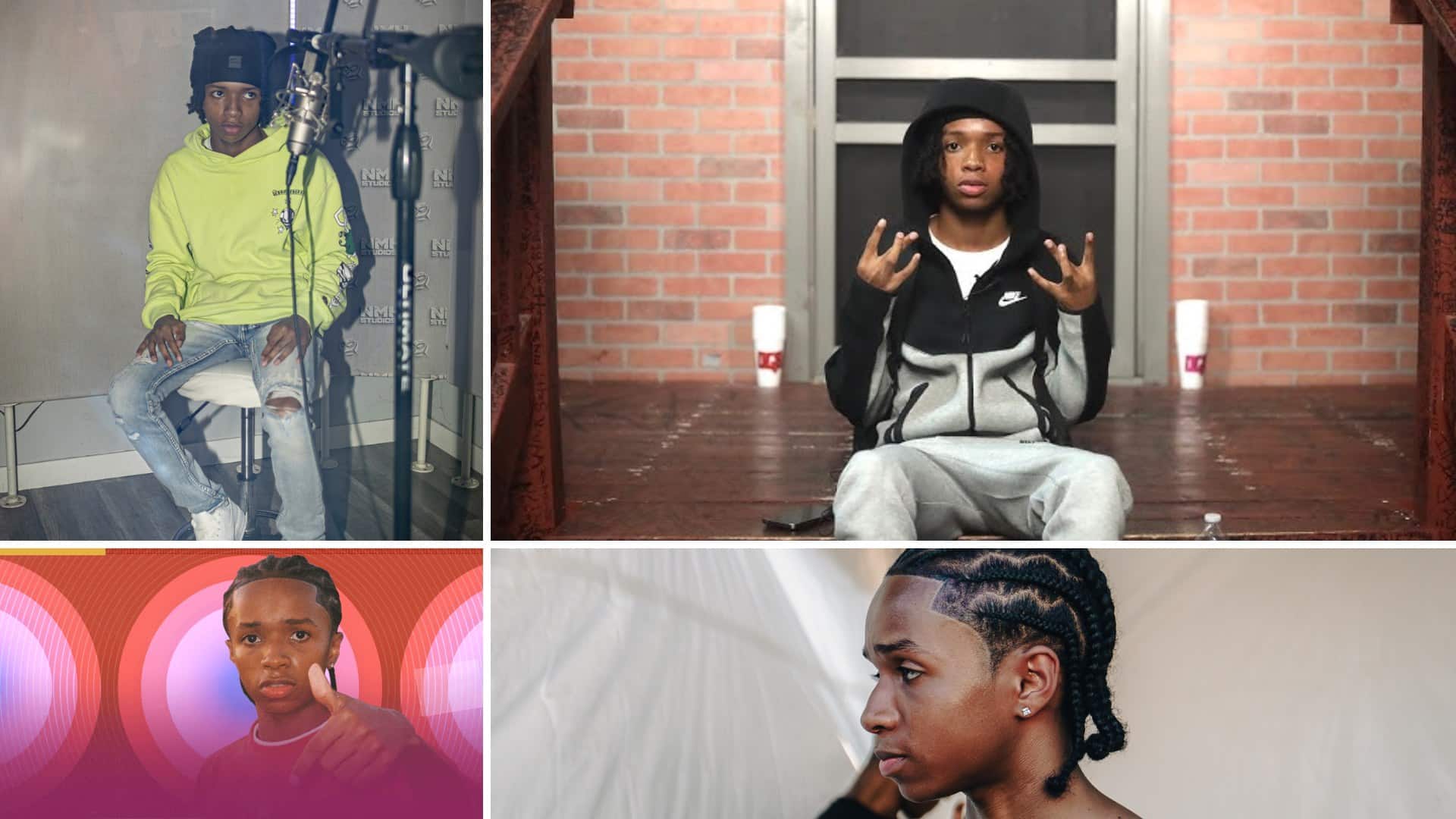 Collage of BabyChiefDoIt in a recording booth, wearing a Nike tracksuit, and showcasing his signature neat cornrows.