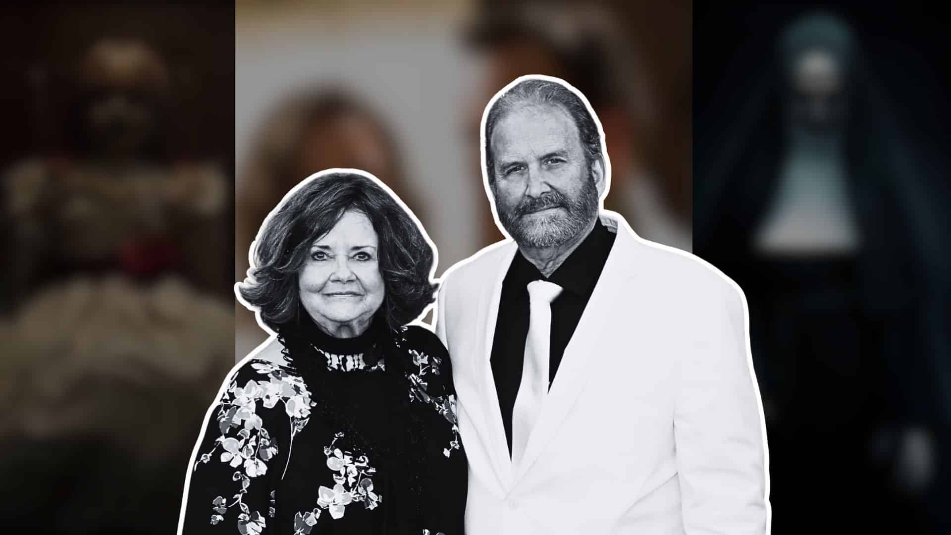 Cutout-style portrait of Judy warren's & Tony Spera's couple dressed formally.