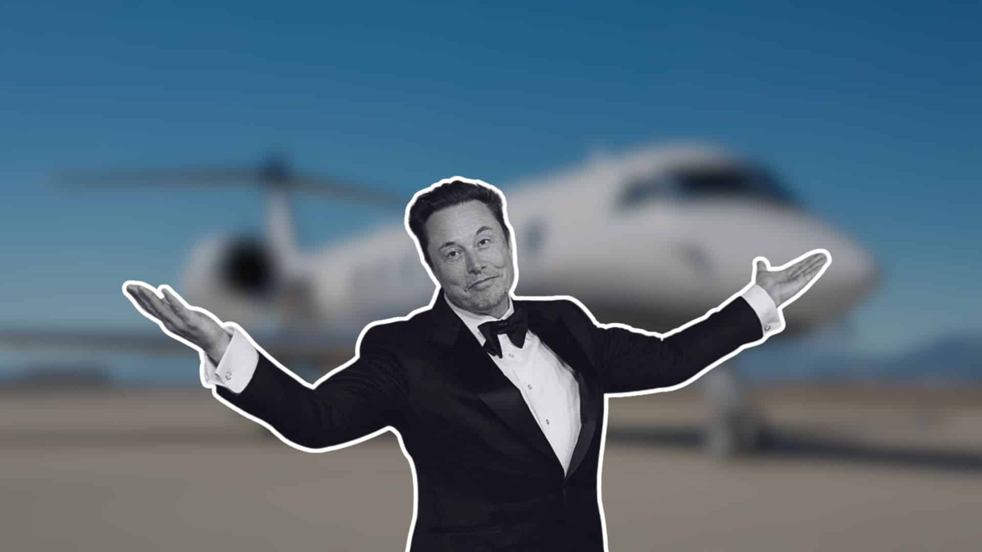 Elon Musk in a tuxedo with his arms spread wide, standing in front of a blurred private jet on the runway.