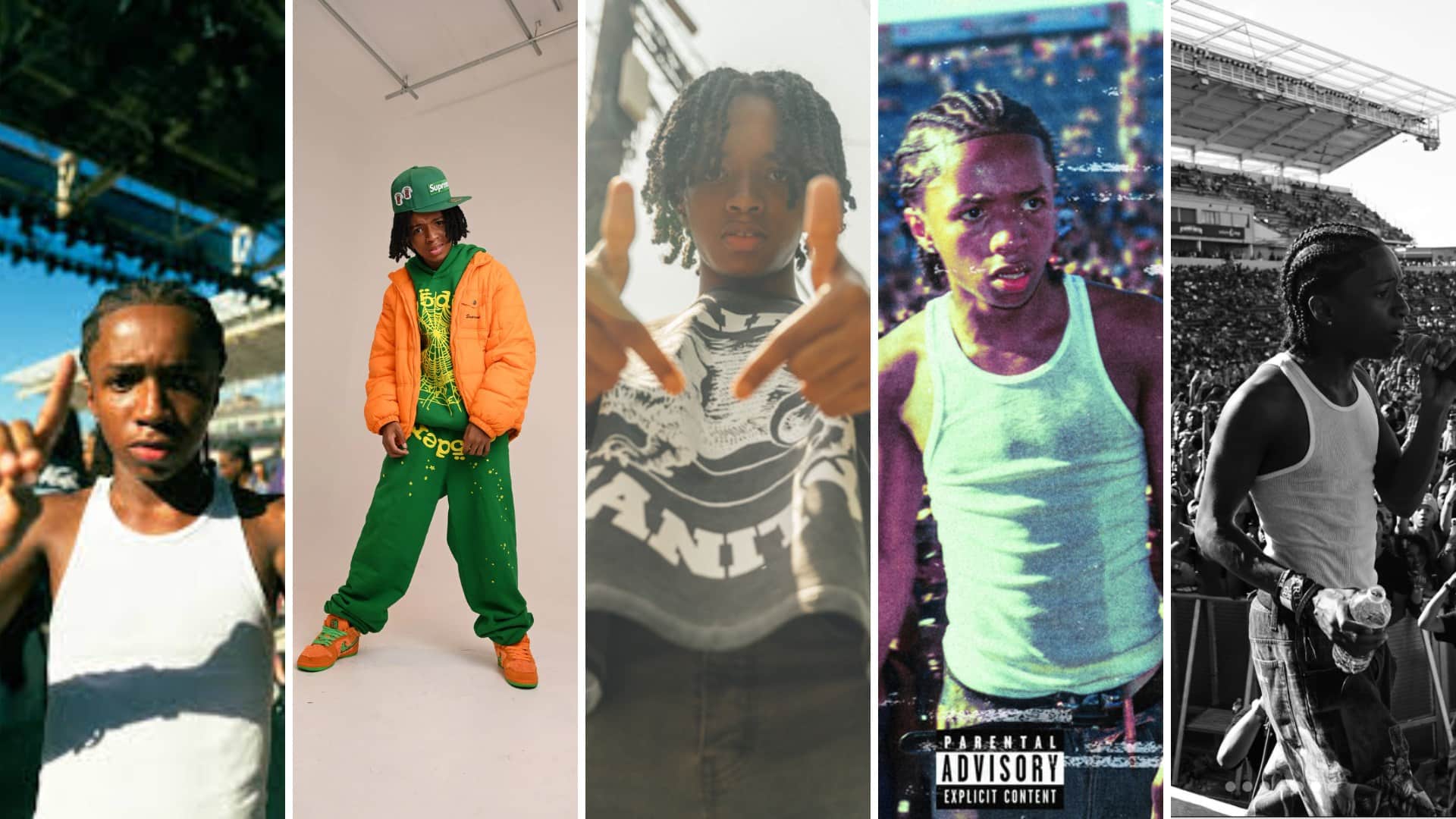 Five-panel collage of BabyChiefDoIt showcasing his growth from urban streetwear to performing live on a festival stage