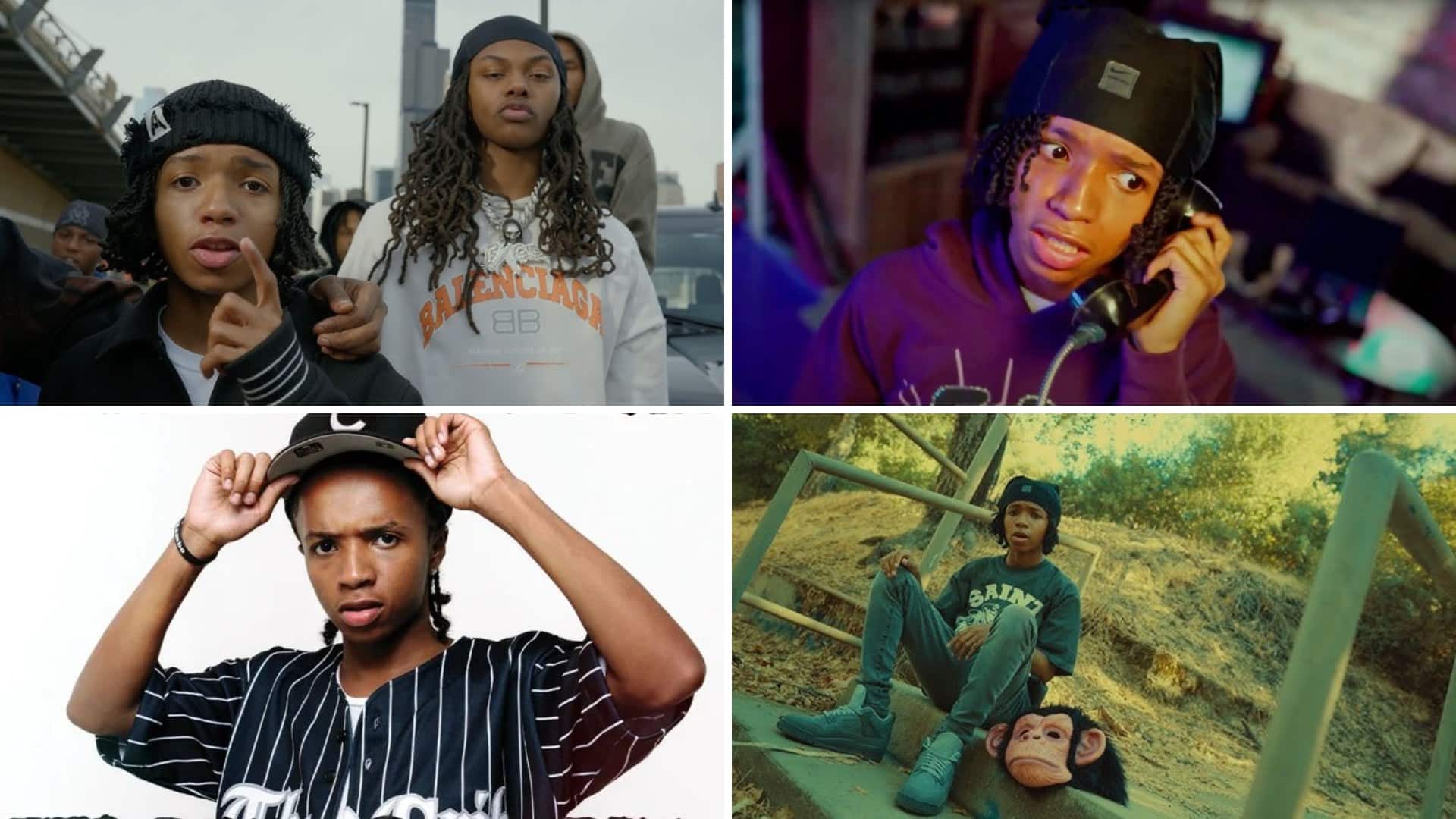 Four-image collage of BabyChiefDoIt in a studio, wearing a purple hoodie, a pinstripe jersey, and posing on outdoor steps.