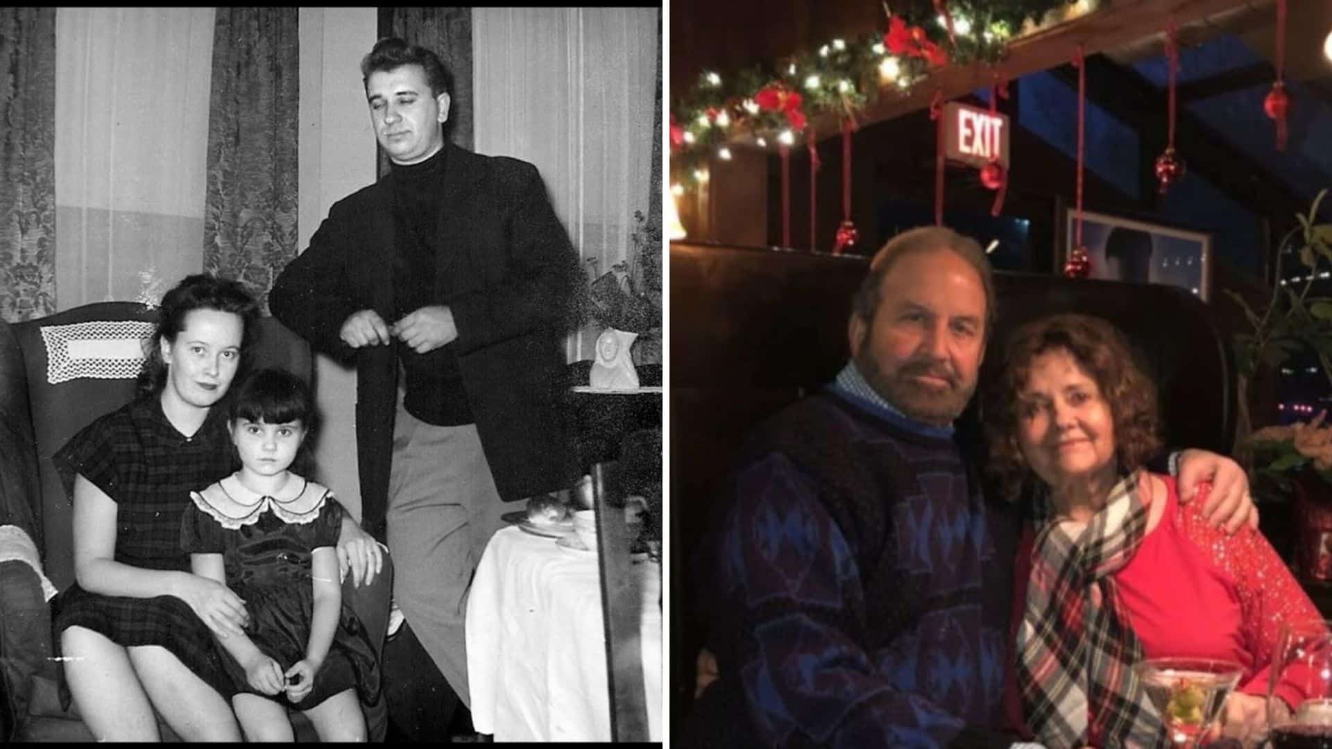 In Left Vintage family portrait with (Ed and Lorrain) parents and young daughter Judy indoors. Right Judy and his husband embracing at a festive restaurant setting.