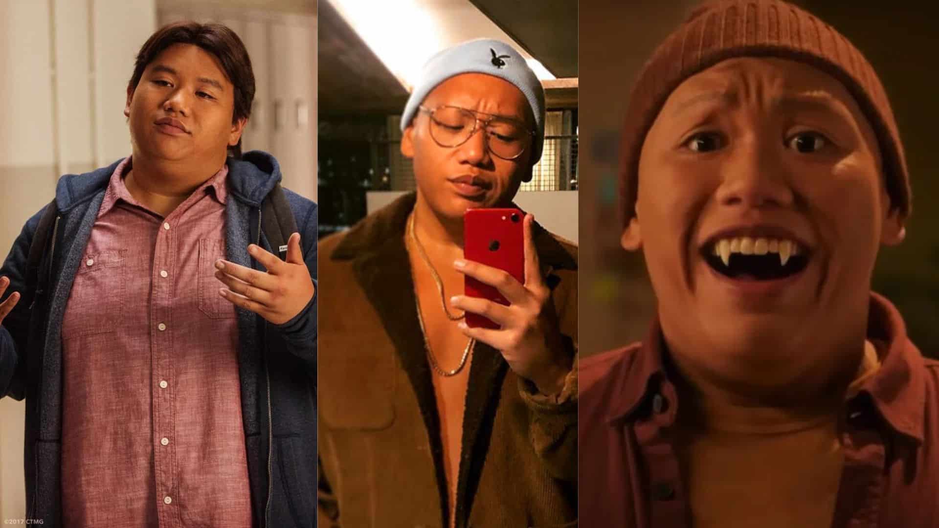 Jacob Batalon in three different looks, including a casual hoodie outfit, a beanie and glasses while holding a red phone, and a playful vampire-style appearance with fangs.