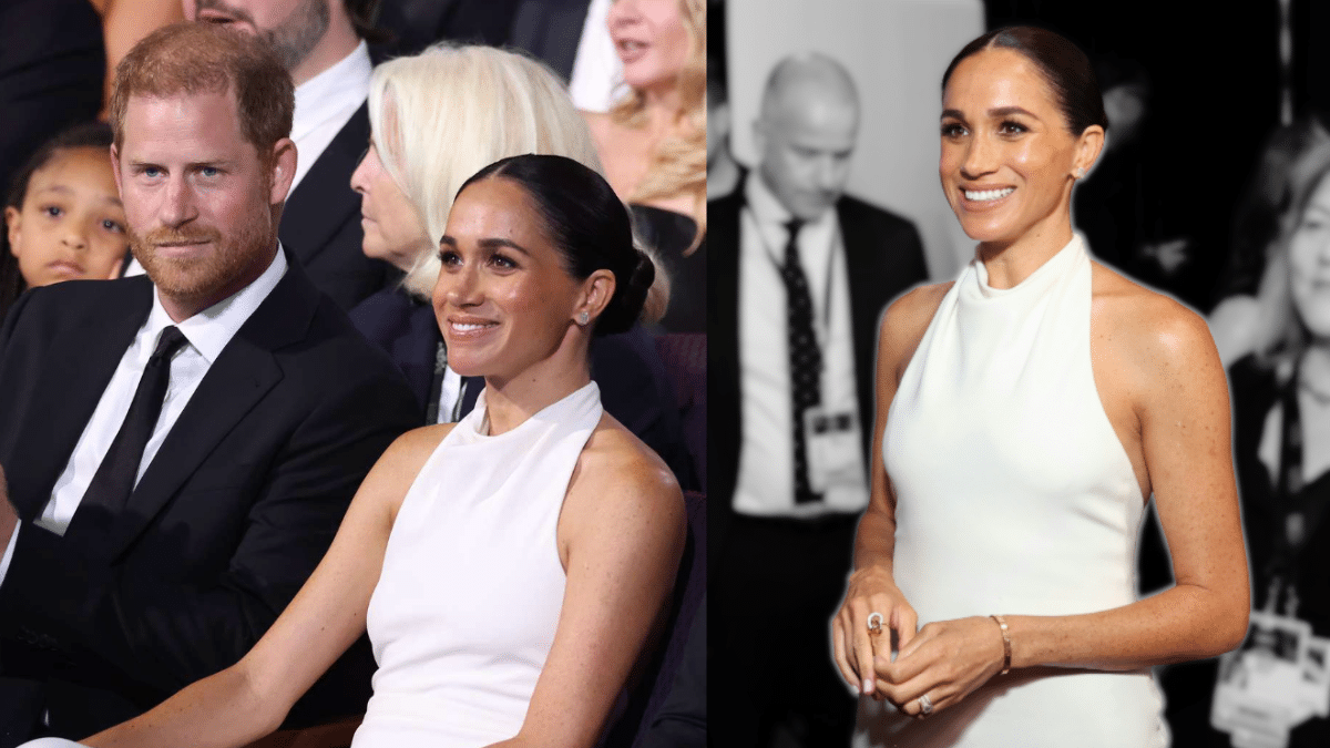 Meghan Markle at the ESPY Awards, sitting with Prince Harry in a white halter dress and later standing and smiling in the same outfit.