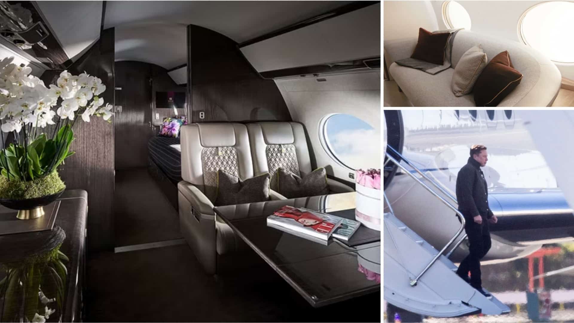 The Luxurious Interior of Elon Musk’s Private Jet “carpe Diem,” Featuring Plush Leather Seats, a Cozy Lounge Area with Pillows, Elegant Wood Finishes, and Elon Musk Stepping Off the Aircraft