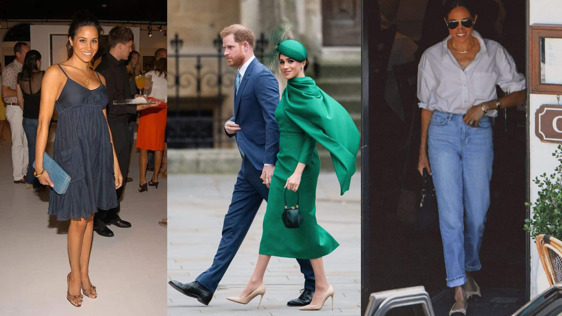 The image shows Meghan Markle in three outfits a navy dress, a green cape dress with Prince Harry, and a casual white shirt with jeans.