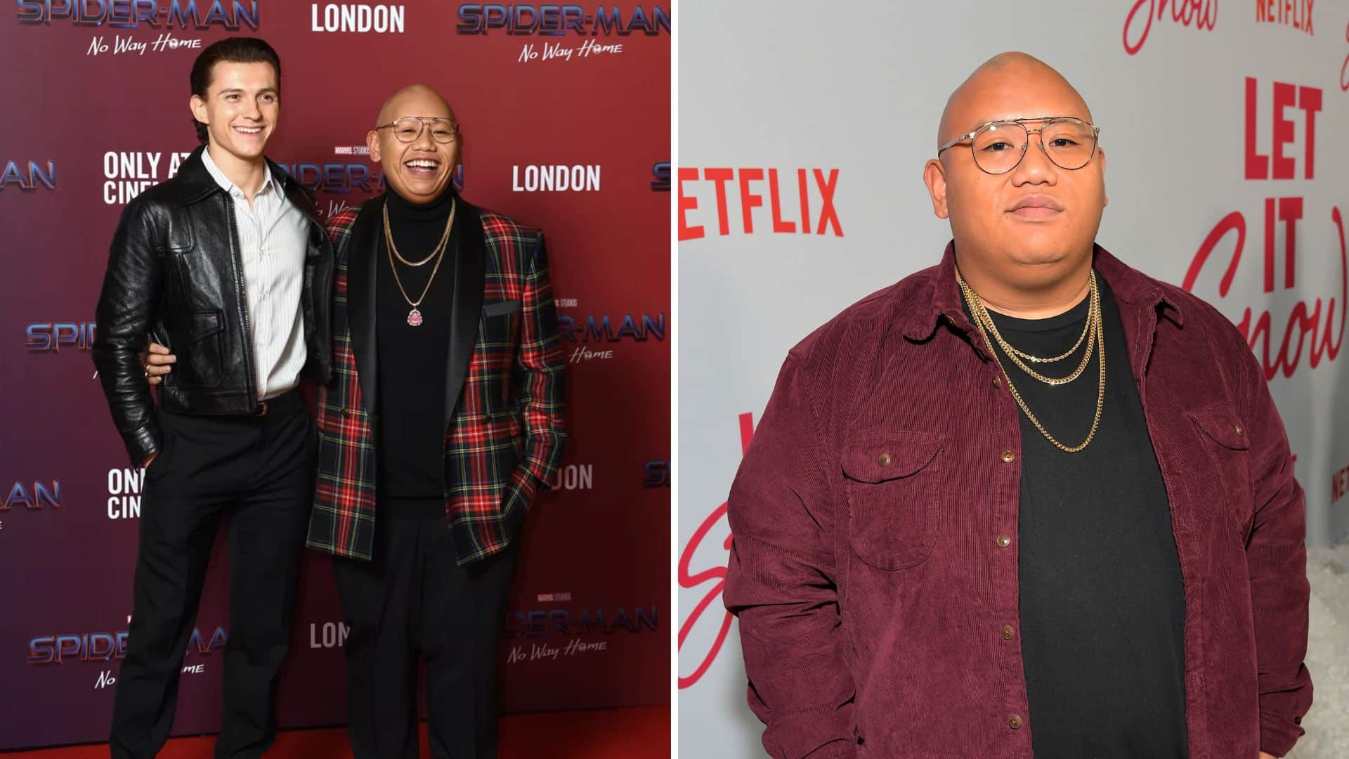 Tom Holland and Jacob Batalon at the Spider-Man No Way Home premiere, smiling on the red carpet, with Jacob Batalon also pictured separately at a Netflix event wearing glasses and layered gold chains
