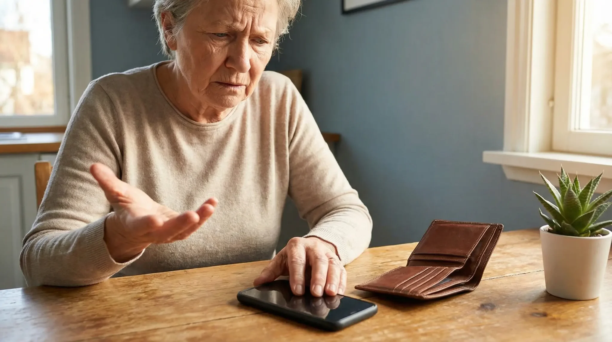 Elderly woman looking at smartphone with open wallet and potted plant on wooden table