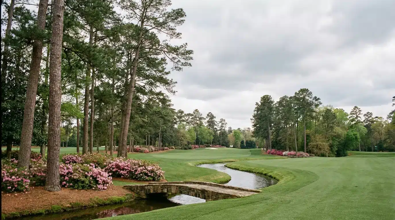 Lush golf course with pine trees and azalea flowers under cloudy sky