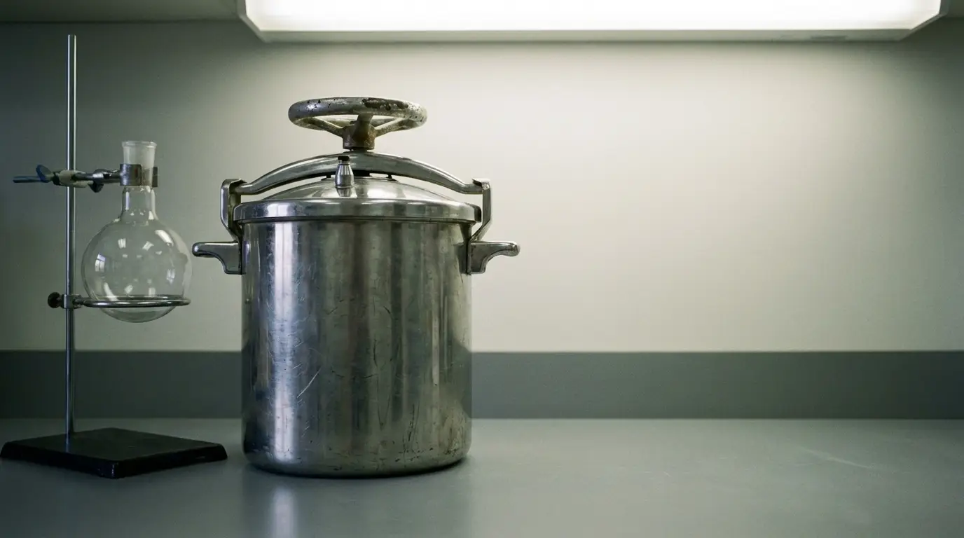 Stainless steel autoclave and glass flask in sterile laboratory environment