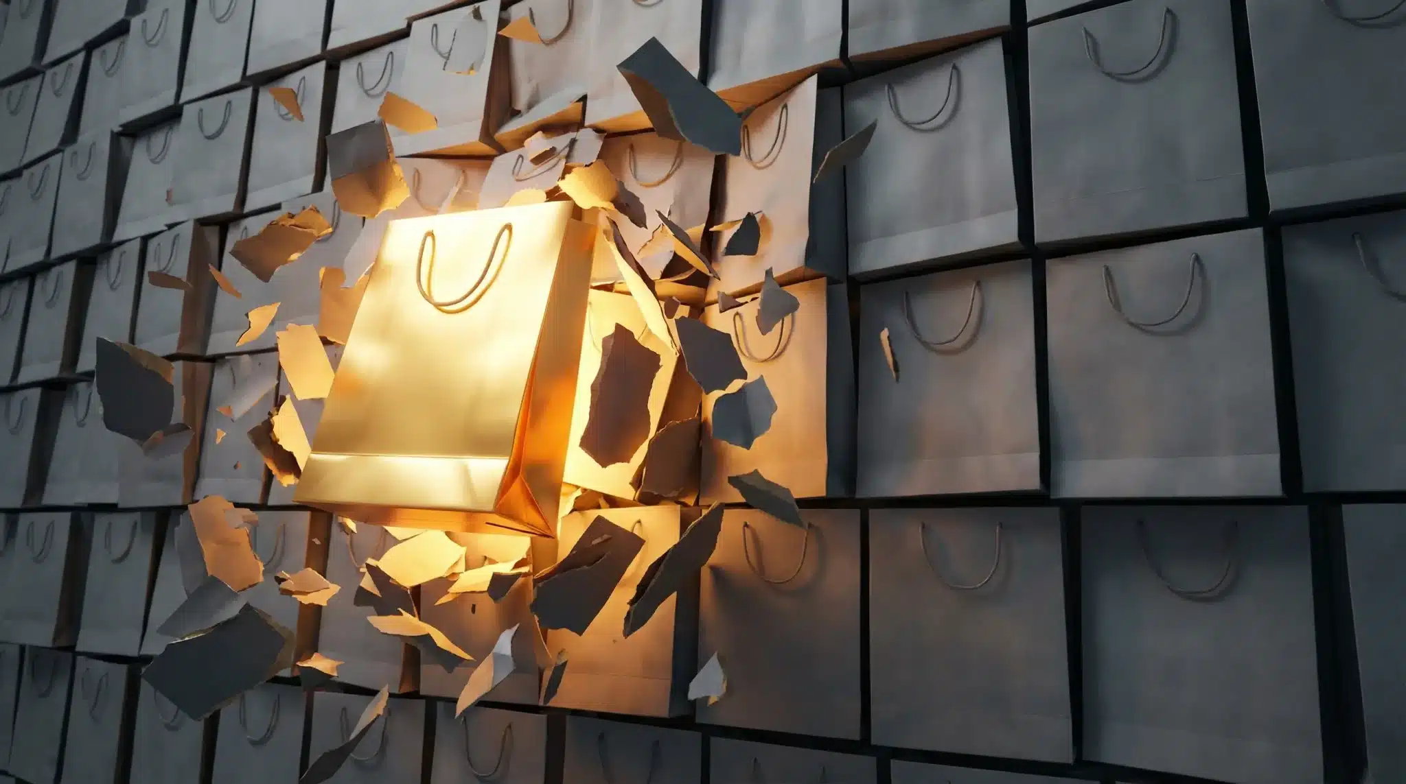 Exploding paper bag with warm light amid rows of gray bags on a wall