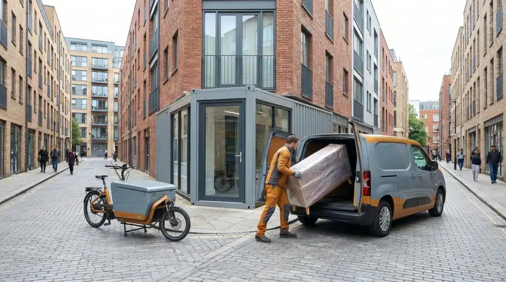 Delivery person unloading boxed furniture from van in urban cobblestone street with cargo bike nearby