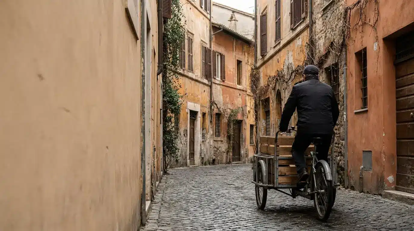 Man cycling tricycle with wooden box through narrow cobblestone alley in old European town