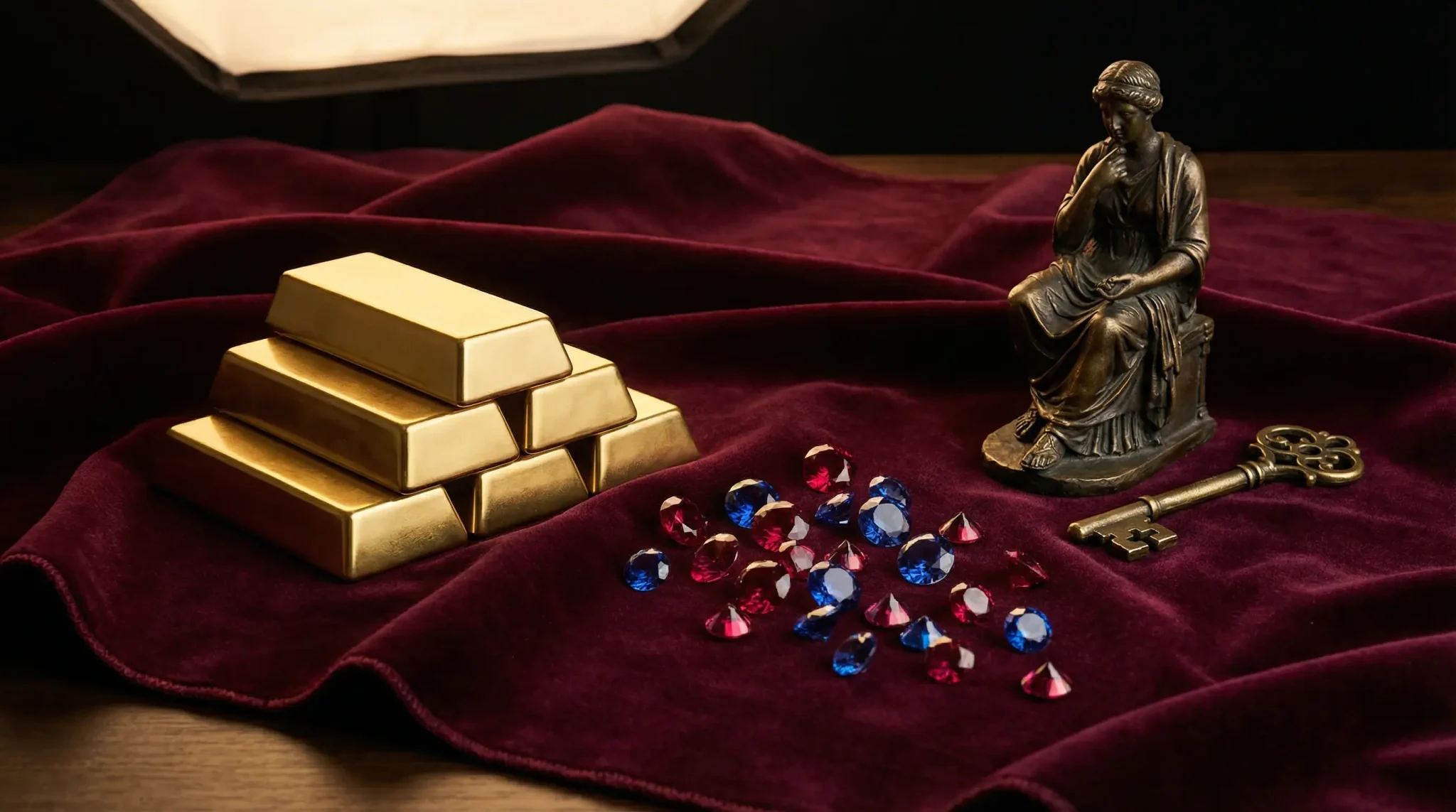 Gold bars, gemstones, and bronze statue on burgundy velvet with antique key nearby
