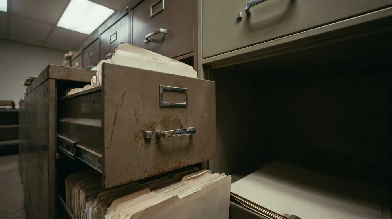 Open rusty metal filing cabinet with documents in dimly lit office setting