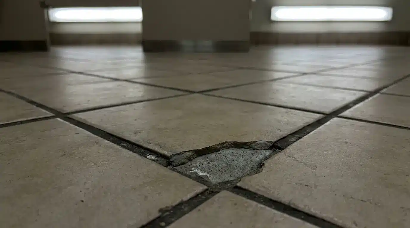 Cracked beige tiles on floor with fluorescent lighting in background of dimly lit room
