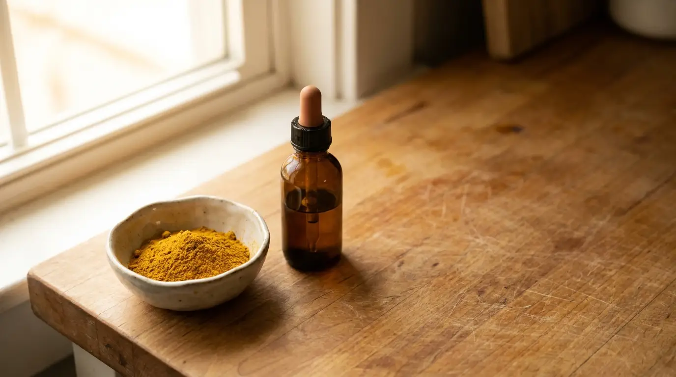 Small bowl of turmeric powder and amber dropper bottle on wooden kitchen counter