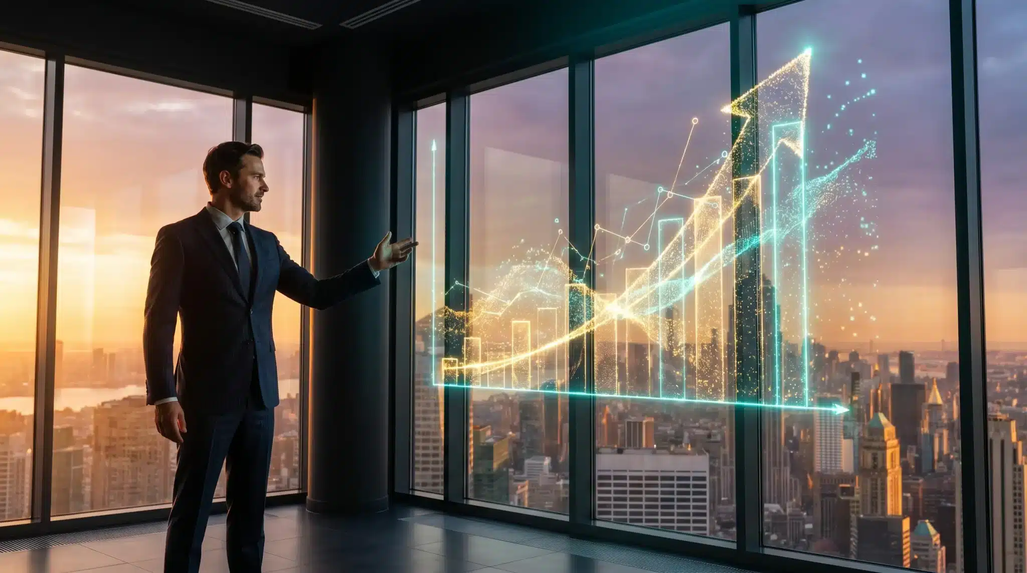 Businessman in suit interacting with digital graph in high-rise office at sunset