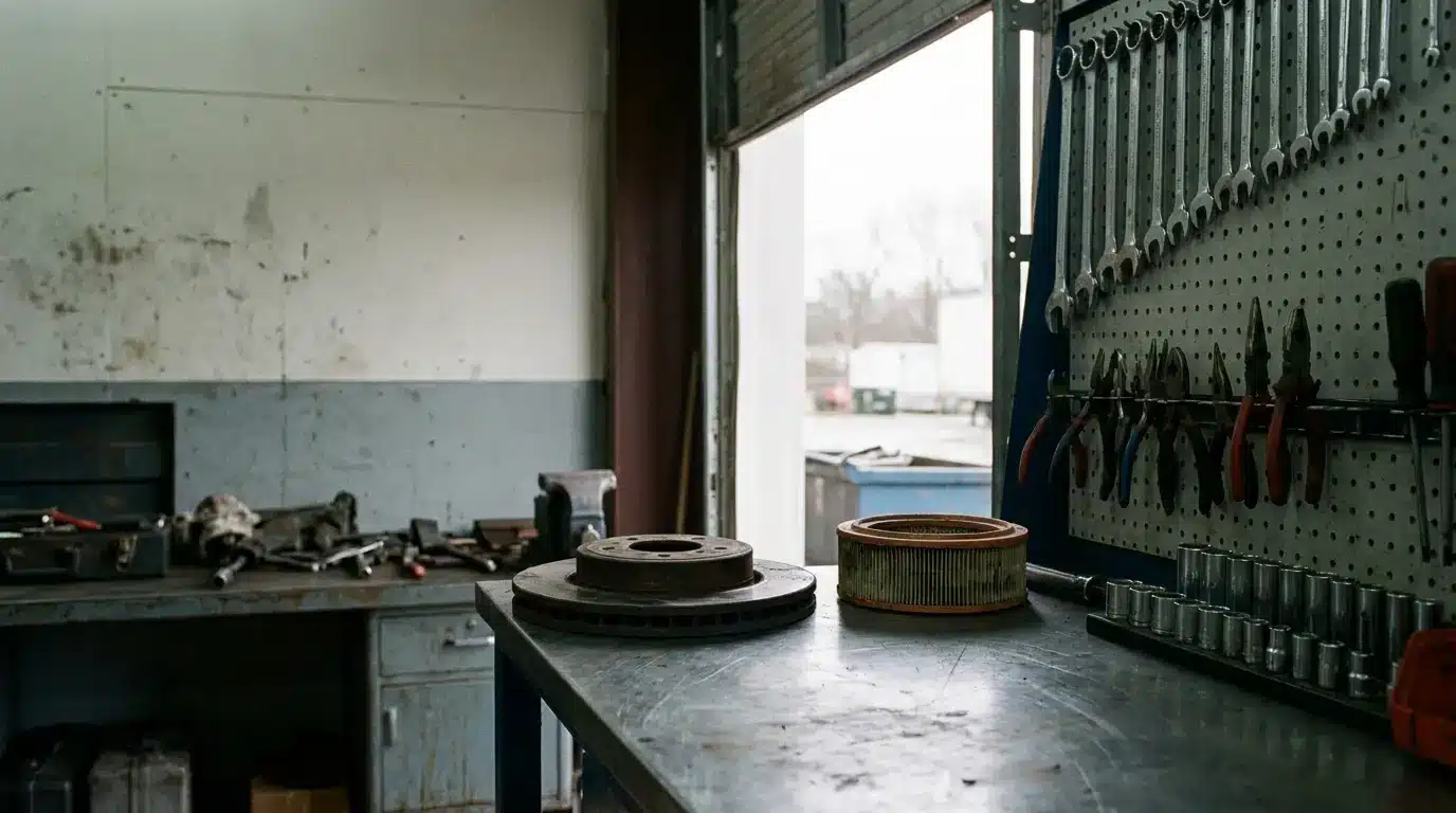 Auto parts and tools on workbench in industrial garage with wrenches hanging on the wall