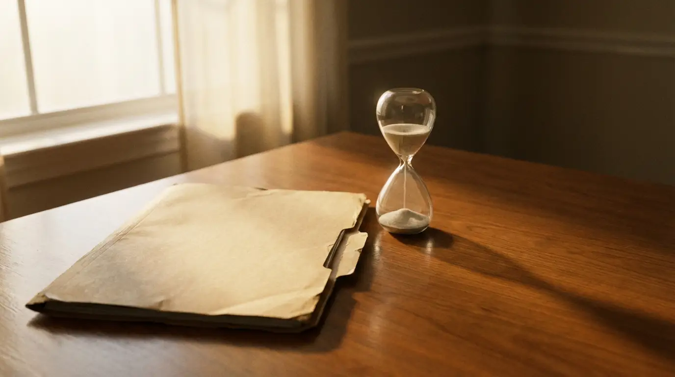Hourglass and folder on sunlit wooden desk in quiet office setting
